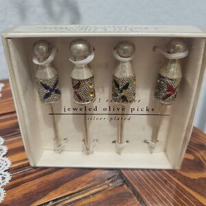 Vtg Pier 1 Exclusive Jeweled Silver Plated Olive Picks Jeweled Fancy Heavy Duty